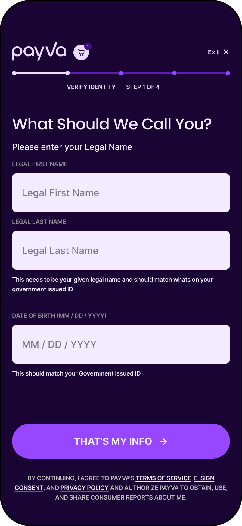 A screenshot of the Pavya Checkout UI with name and date of birth fields