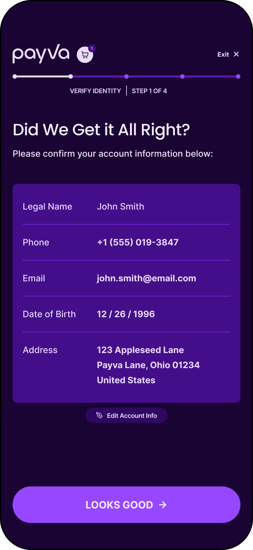A screenshot of the Pavya Checkout UI with a summary of a user's account information