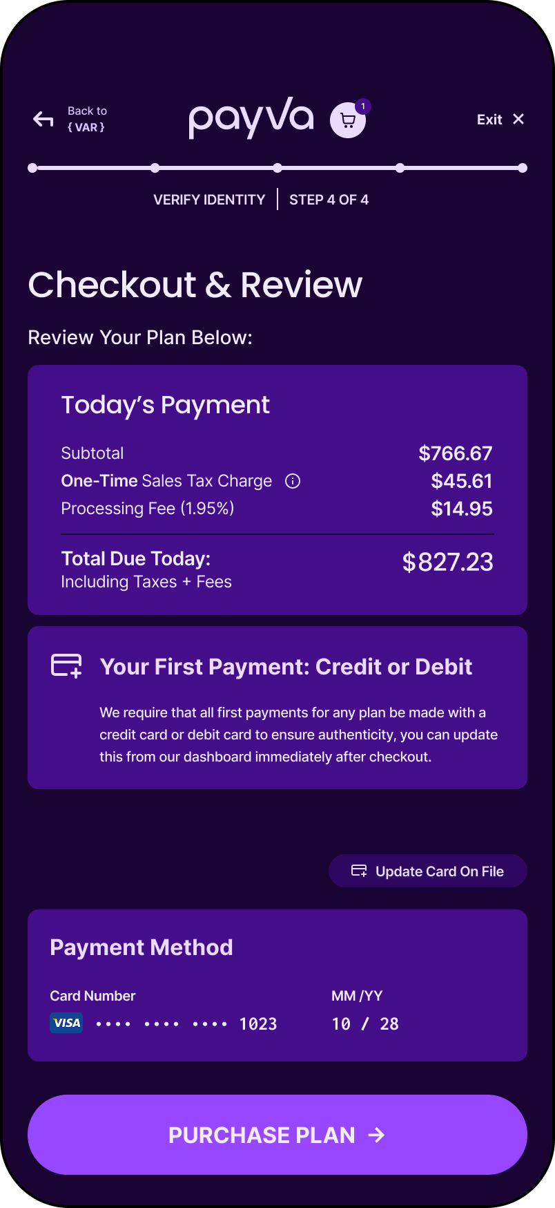 A screenshot of the Pavya Checkout UI with a summary of a user's account information